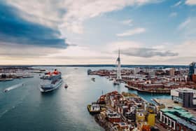 Virgin Voyages Scarlet Lady sails out of Portsmouth harbour. She is expected to make her glorious homecoming after four years away.