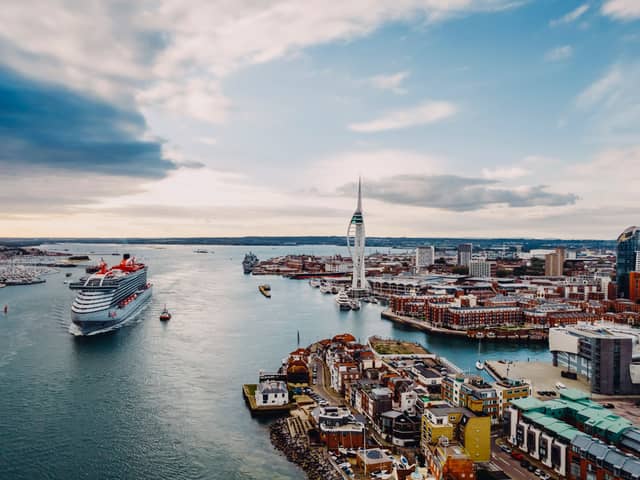 Virgin Voyages Scarlet Lady sails out of Portsmouth harbour. She is expected to make her glorious homecoming after four years away.