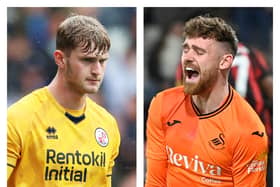 Toby Steward, left, and Swansea keeper Andy Fisher