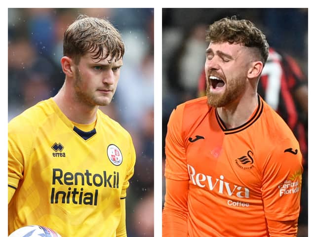 Toby Steward, left, and Swansea keeper Andy Fisher