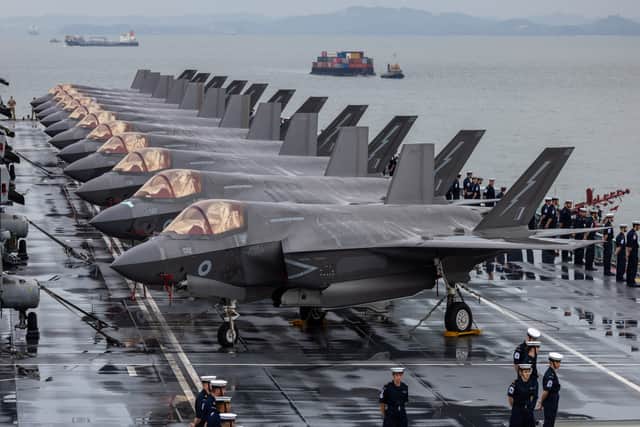 The public spending watchdog said the F-35 programme is providing a disappointing return for taxpayers money, with problems including delays, equipment shortages and lock of pilots and engineers. Pictured: F-35B fighter jets on the Royal Navy flagship HMS Prince of Wales.