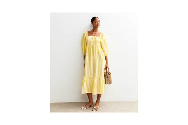 Yellow Stripe Print Tiered Hem Midi Dress