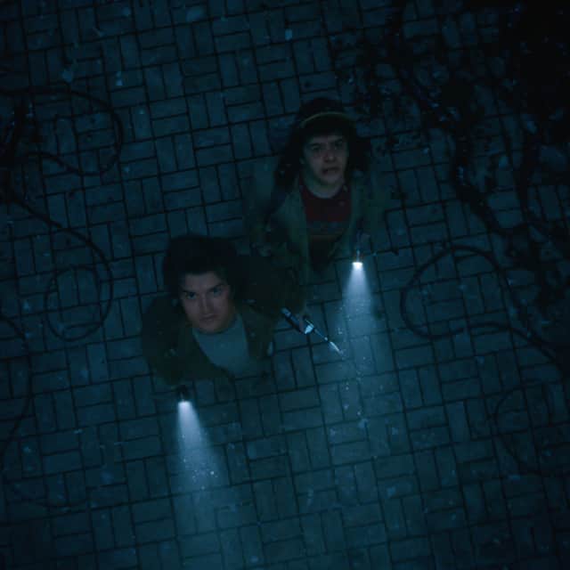 Joe Keery as Steve Harrington and Gaten Matarazzo as Dustin Henderson in STRANGER THINGS.