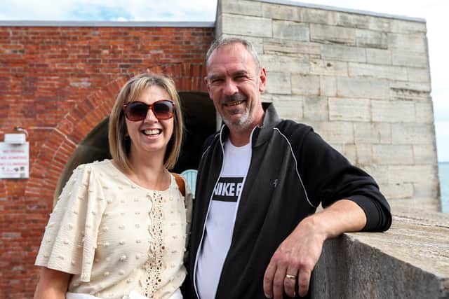 Nicky and Jon Briggs waiting to see Royal Navy Nurse, Abigail Barrett-Briggs, aboard HMS Queen Elizabeth.