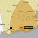 An amber and yellow weather warning are in place over the weekend for thunderstorms and heavy showers. 