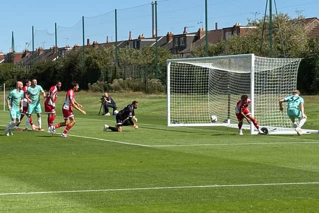 Action from Pompey's clash with Crawley today. Pic: Jordan Cross