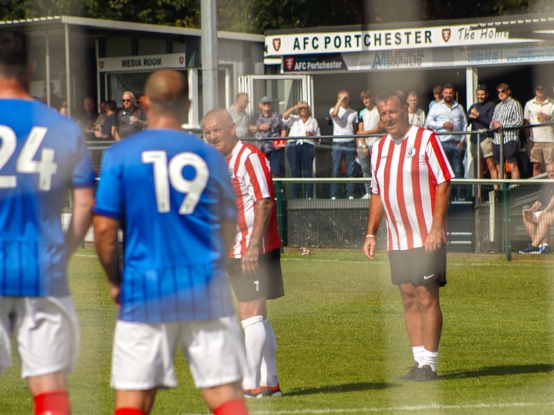 Portsmouth charity squad for the charity match for Sophie's Legacy at AFC Porchester between Premier League All-stars and Pompey legends. 

Pictured: Matt Le Tissier takes a freekick

Picture: Alec Chapman