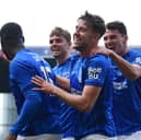 Pompey forward Callum Lang, centre right, has been linked with a move to Preston North End
