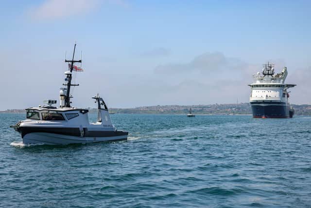 Pictured here: RFA Stirling Castle and RNMB Apollo. RFA Stirling Castle, a mine-hunting mothership, proved her ability to work with autonomous and un-crewed boats during a series of trials in Portland.