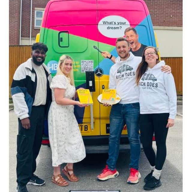 Brian and Ra with Rich and Kirsty of the Dream Machine. Ra made a cake version of Simon Squibb's book 'What's Your Dream?'