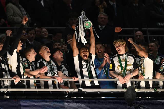 Jacob Murphy celebrates winning the Carabao Cup with Newcastle at Wembley in March 2025. Picture: Stu Forster/Getty Images