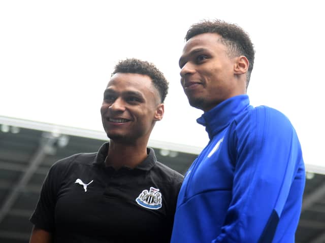 Josh Murphy (left) with twin brother Jacob (right) in August 2018 ahead of meeting in the Premier League in the Cardiff against Newcastle clash. Picture: Harry Trump/Getty Images