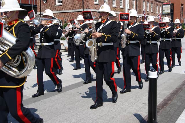Royal Marines Band Service musicians at Gunwharf Quays.