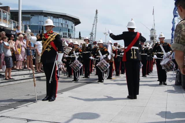 Royal Marines Band Service musicians at Gunwharf Quays in Portsmouth.