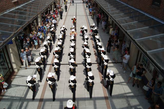 Royal Marines Band Service musicians at Gunwharf Quays.