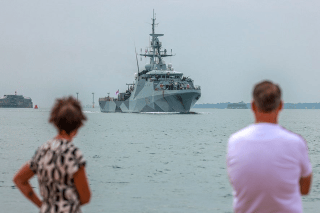 Royal Navy patrol vessel HMS Trent sailing into Portsmouth.