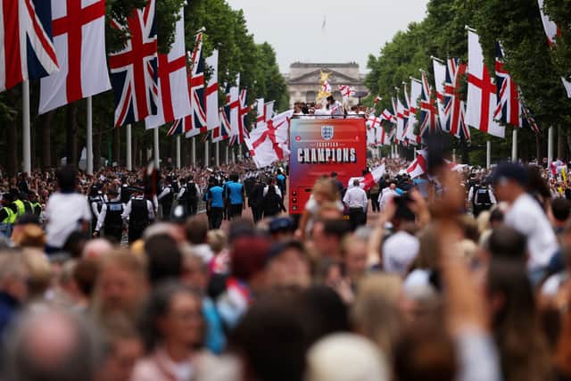 The England bus makes its way down The Mall during the England Women's team victory parade and celebration on July 29, 2025 in London, England.