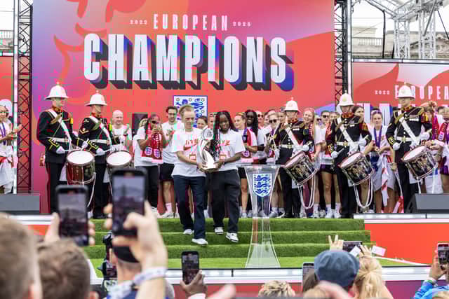 The England Women's football team, known as the Lionesses, were celebrated in spectacular fashion this afternoon outside Buckingham Palace following their dramatic victory at the UEFA Women's Euro 2025.