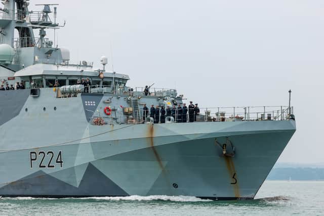 HMS Trent sailing into HMNB Portsmouth after five years of operations.