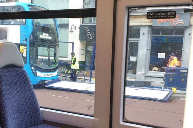A Stagecoach bus has crashed into a bus shelter causing it to collapse.