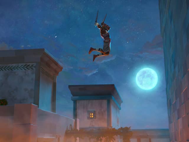 Memnon (Larry Herron) jumping to scale the walls of Troy in Eyes of Wakanda