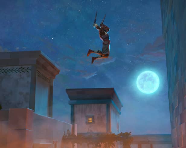 Memnon (Larry Herron) jumping to scale the walls of Troy in Eyes of Wakanda