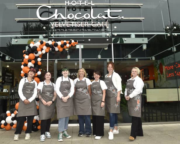 Hotel Chocolat has opened its new velvetiser cafe in Whiteley Shopping Centre.

Pictured is: (l-r) Evangeline, Alex, Sydney, Jennie, Becky, Trudi and Kitty.

Picture: Sarah Standing (310725-7573)

