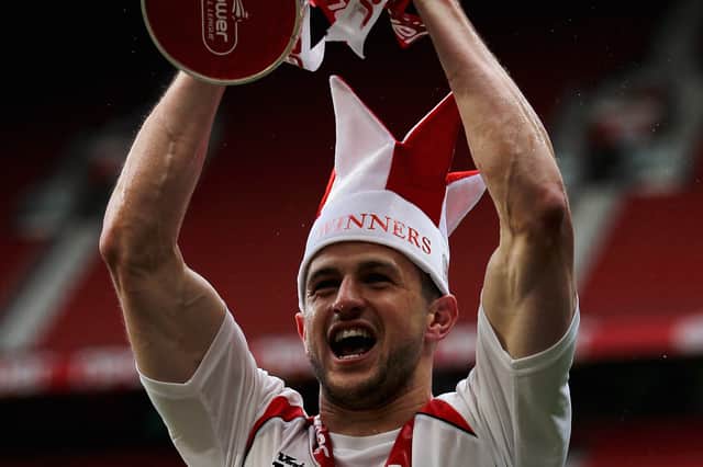 Stevenage hero John Mousinho celebrates in the League Two play-off final in May 2011. Dean Mouhtaropoulos/Getty Images