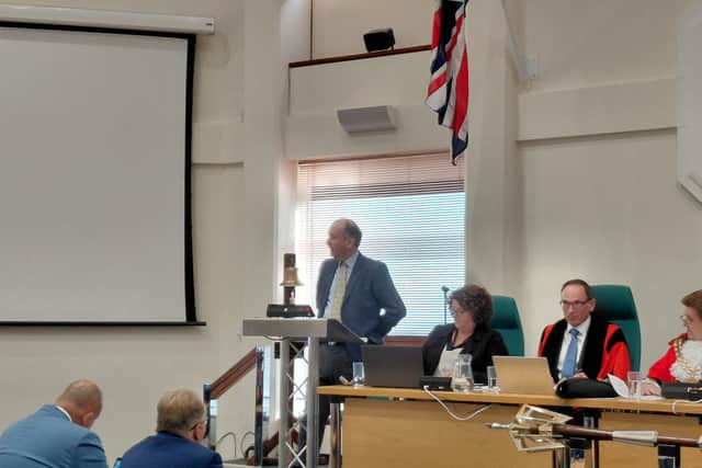 Peter Maunder speaking at Fareham Borough Council's full council meeting on July 22