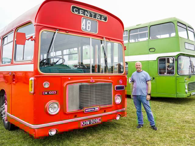 Mike Elkin stood in front his buses at Stokes Bay Bus Rally in Stokes Bay, Gosport.

Pictured: Mike Elkin. 

Picture: Alec Chapman