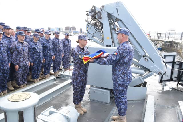 The HMS Pembroke commissioning ceremony in Rosyth, Scotland.