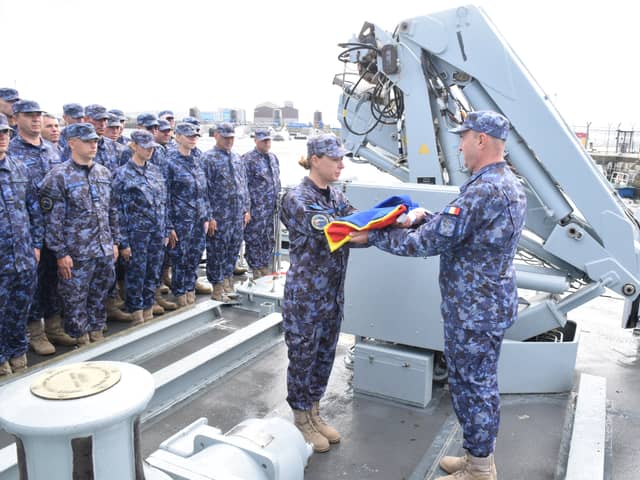 The HMS Pembroke commissioning ceremony in Rosyth, Scotland.