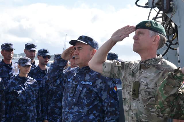 HMS Pembroke has been renamed Capitan Constantin Dumitrescu (M217). Among the senior military figures present include Major General Rich Cantrill and Romanian Chief of the Navy Vice Admiral Mihai Panait.