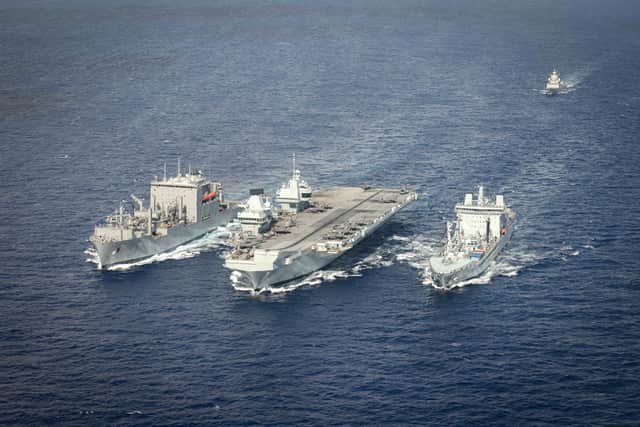 US cargo ship USNS Wally Schirra, HMS Prince of Wales and RFA Tidespring, with HNoMS Roald Amundsen following behind.
