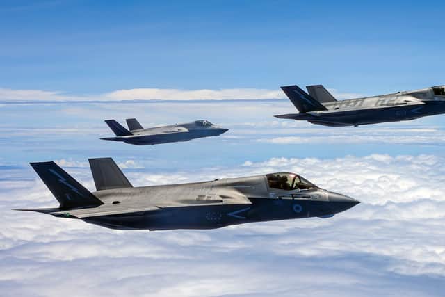 Three 617 Squadron F-35B, Lightning II jets over the pacific during Operation Hightower.