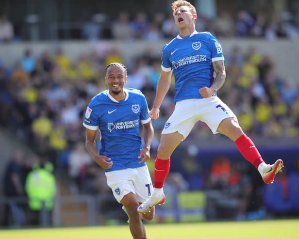 Adrian Segecic celebrates his Pomoey goal at Oxford United
