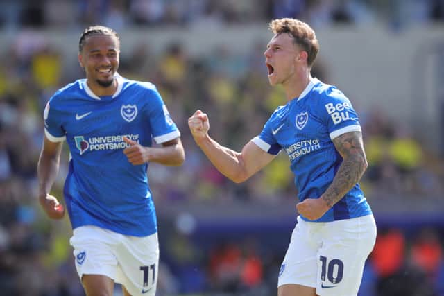 Pompey new boy Adrian Segecic celebrates his goal at Oxford United. Pic: Alun Roberts/ProSportsImages