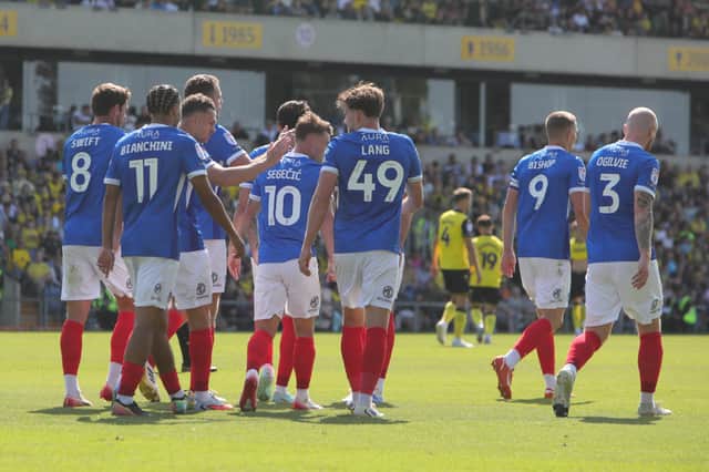 Pompey celebrate Adrian Segecic's first-half goal, which turned out to be the match winner. Picture: Alun Roberts/ProSportsImages