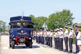 Capt John Voyce OBE RN departing HMS Sultan on the base's historic steam lorry on June 15, 2022. The vehicle is celebrating its 95th anniversary.