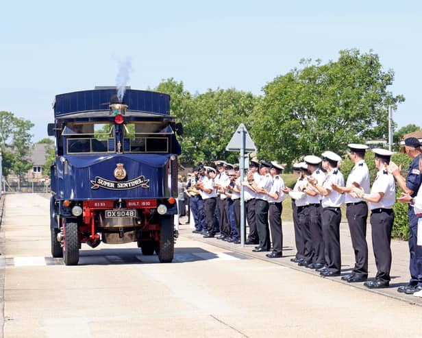 Capt John Voyce OBE RN departing HMS Sultan on the base's historic steam lorry on June 15, 2022. The vehicle is celebrating its 95th anniversary.