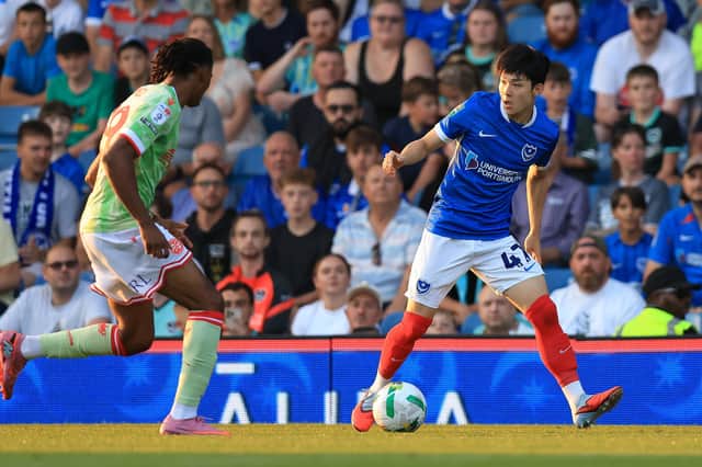 Pompey attacker Yang Minhyeok on the attack in the 2-1 defeat to Reading. Picture: Simon Roe/ProSportsImages
