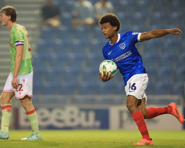 Tayo Singerr, who scored on his Pompey debut in the Carabao Cup against Reading, is currently on loan at Moneyfields. Picture: Simon Roe/ProSportsImages