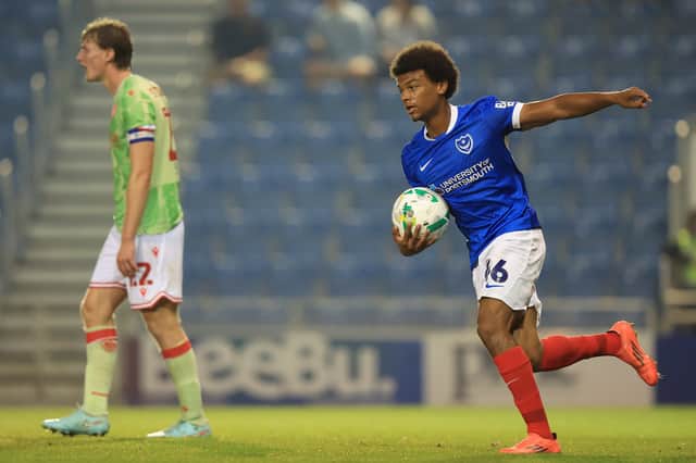 Tayo Singerr celebrates his Pompey debut goal in the 2-1 defeat to Reading in the Carabao Cup. Picture: Simon Roe/ProSportsImages