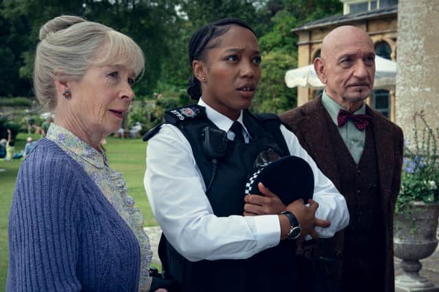 Celia Imrie with Naomi Ackie and Ben Kingsley in The Thursday Murder Club, out now on Netflix