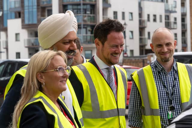 Chair of the defence select committee, Tanmanjeet Singh Dheshi, visited Portsmouth discussing further investment in the city and Royal Navy base. Pictured alongside Amanda Martin and Stephen Morgan.