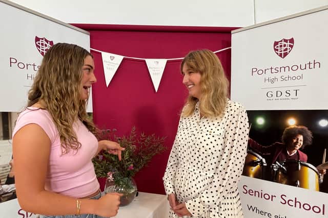 Katie Cells, 18, head girl at Portsmouth High School celebrates achieving two A* and an A with head teacher Sarah Parker.