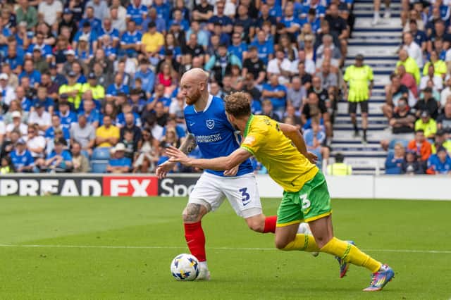 Connor Ogilvie was booked in stoppage time for simulation amid a penalty appeal - yet Pompey are adamant it should have been a spot kick. Picture: Steve Bailey/ProSportsImages
