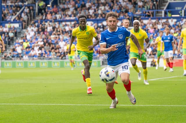 Adrian Segecic scored Pompey’s consolation in their 2-1 defeat against Norwich. Picture: Steve Bailey/ProSportsImages