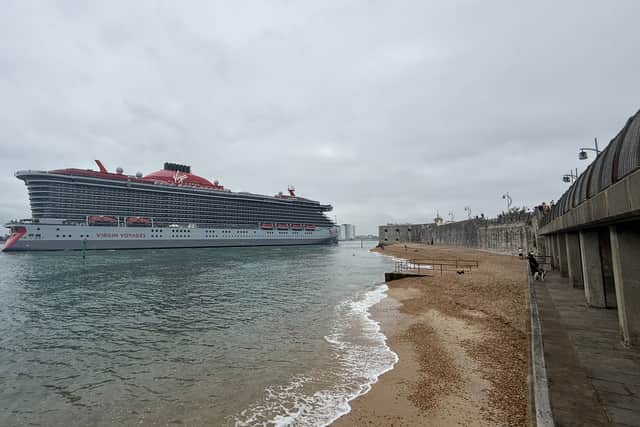 Virgin Voyages cruise ship Brilliant Lady sailing past The Round Tower in Old Portsmouth.