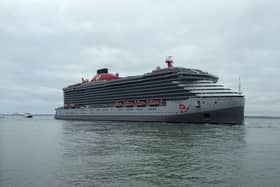 Virgin Voyages cruise ship Brilliant Lady sailing into Portsmouth on her first ever voyage, soon bound to take excited holidaymakers to New York.
